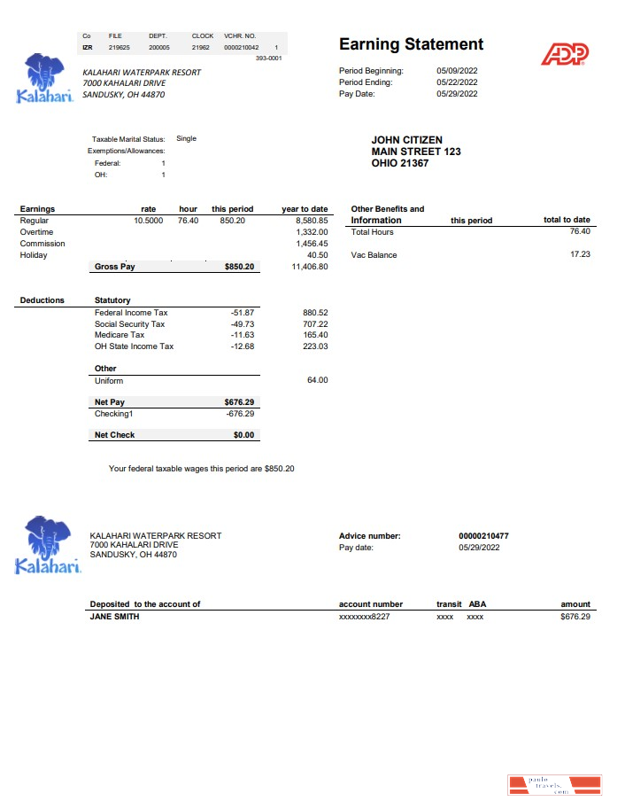 USA Ohio Kalahari Waterpark Resort utility bill template in Word and PDF format